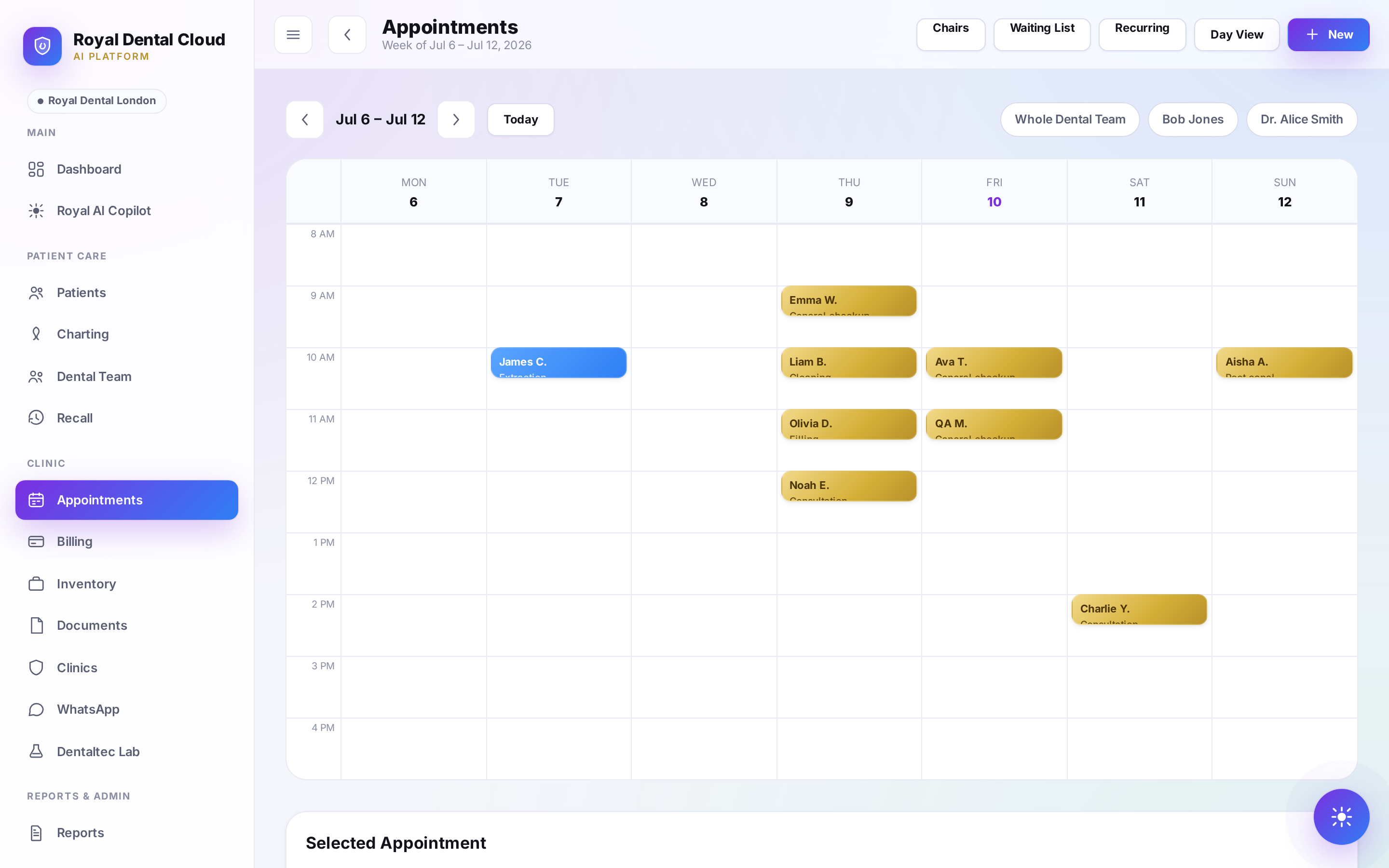 Royal Dental Cloud weekly appointment scheduler with colour-coded bookings