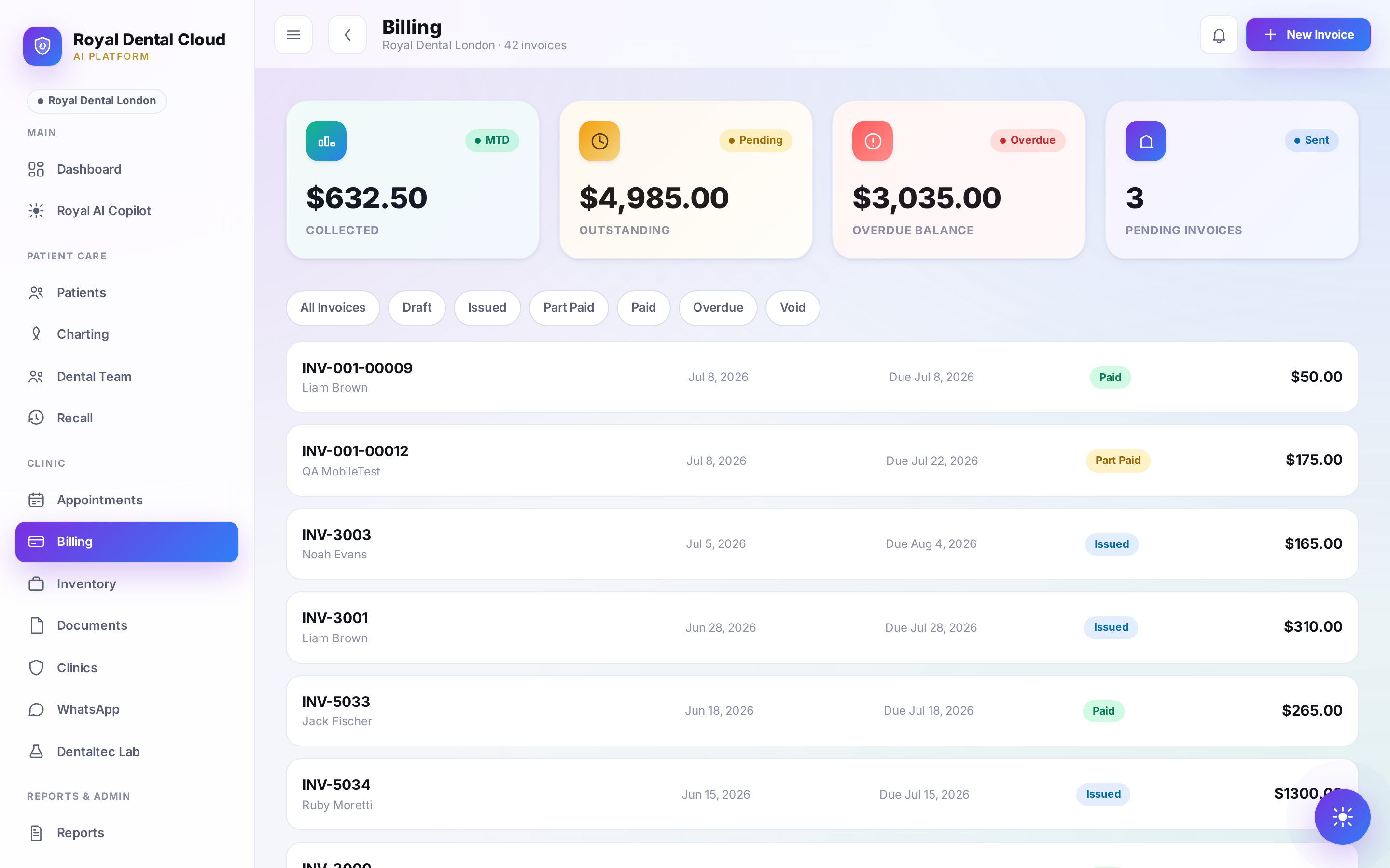 Royal Dental Cloud billing screen with invoices, balances and payment status