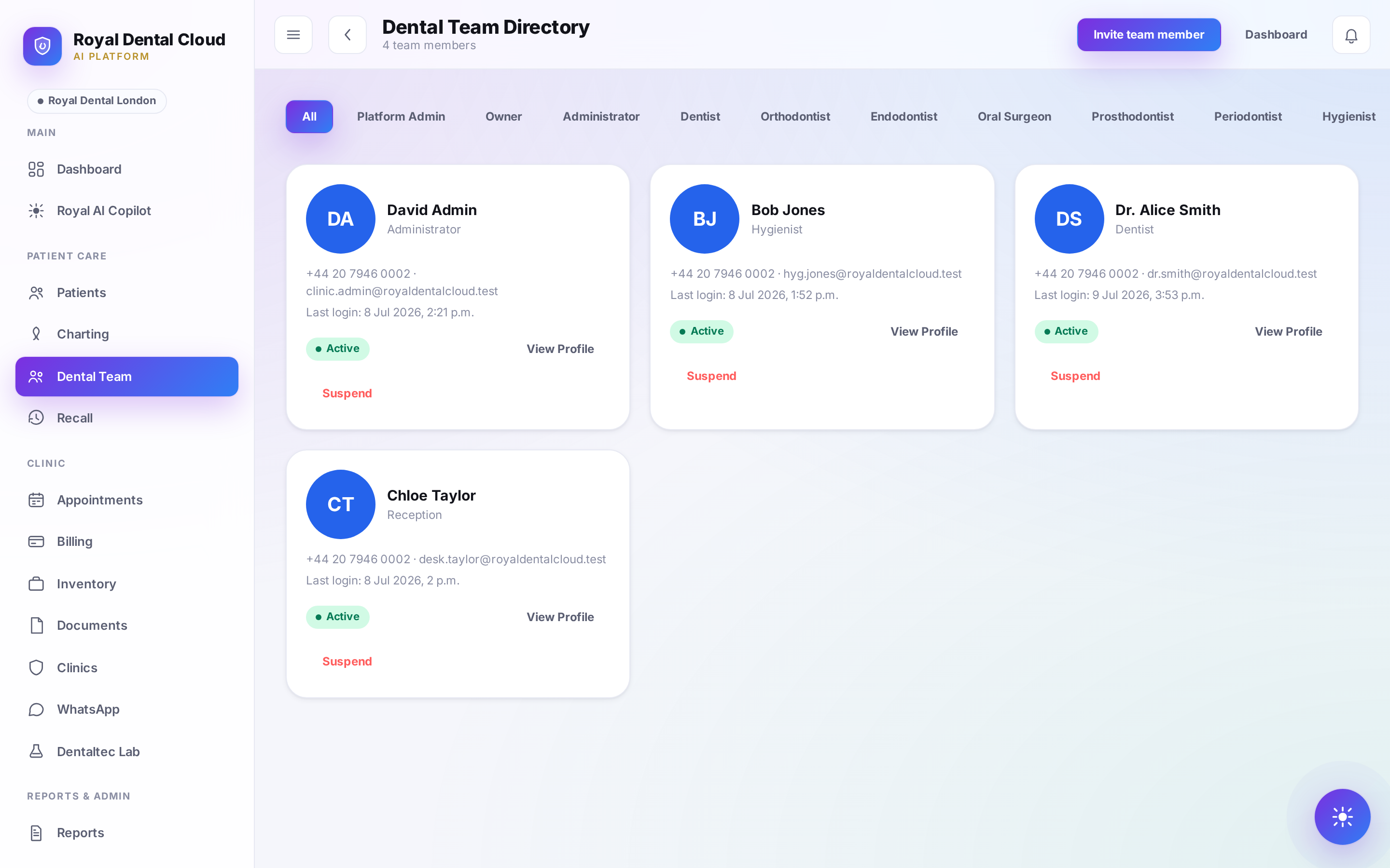 Royal Dental Cloud dental team directory with roles and active status